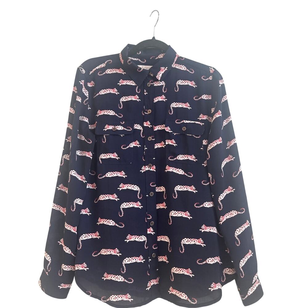 Loft Sheer Navy Collar Button Down Leopard Cat Novelty Print Blouse